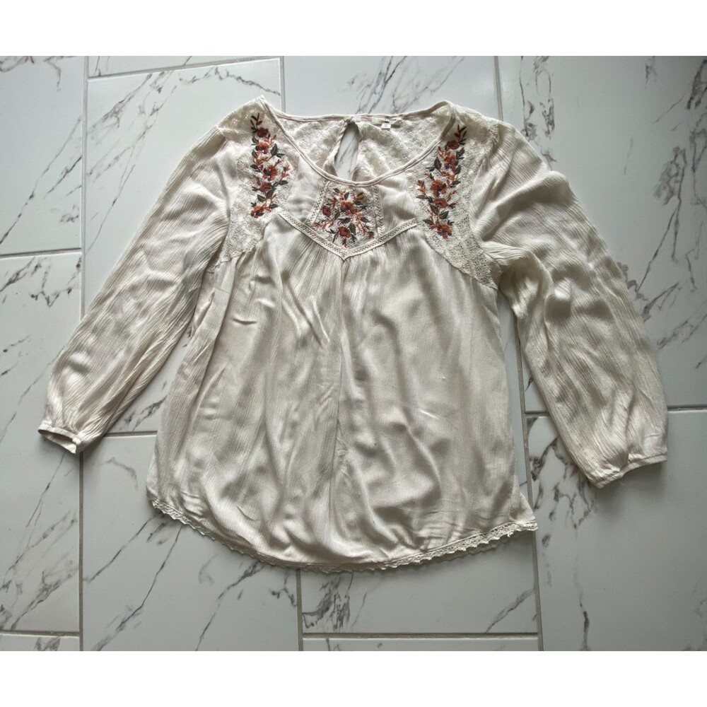 Mason Belle Womens M Ivory Embroidered Boho Peasant Blouse Lace Top